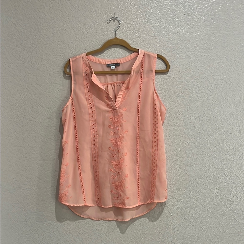 Brixon Ivy Women's Peach Sleeveless Top Embroidered sheer V Neck Size L Chic